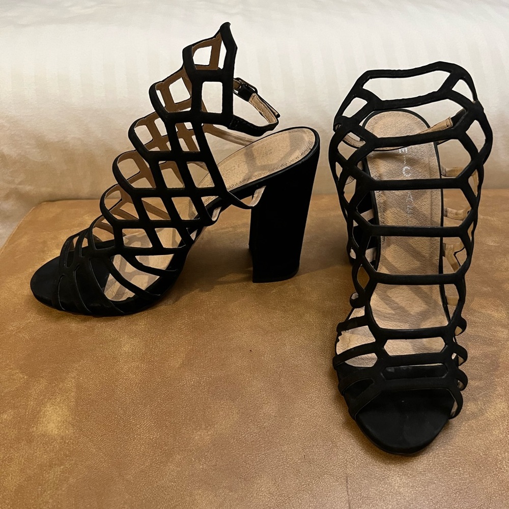 Michael Made in Brazil black straps honeycomb cut out suede heels